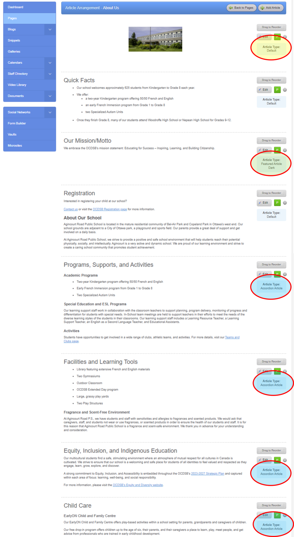 Articles on a page
